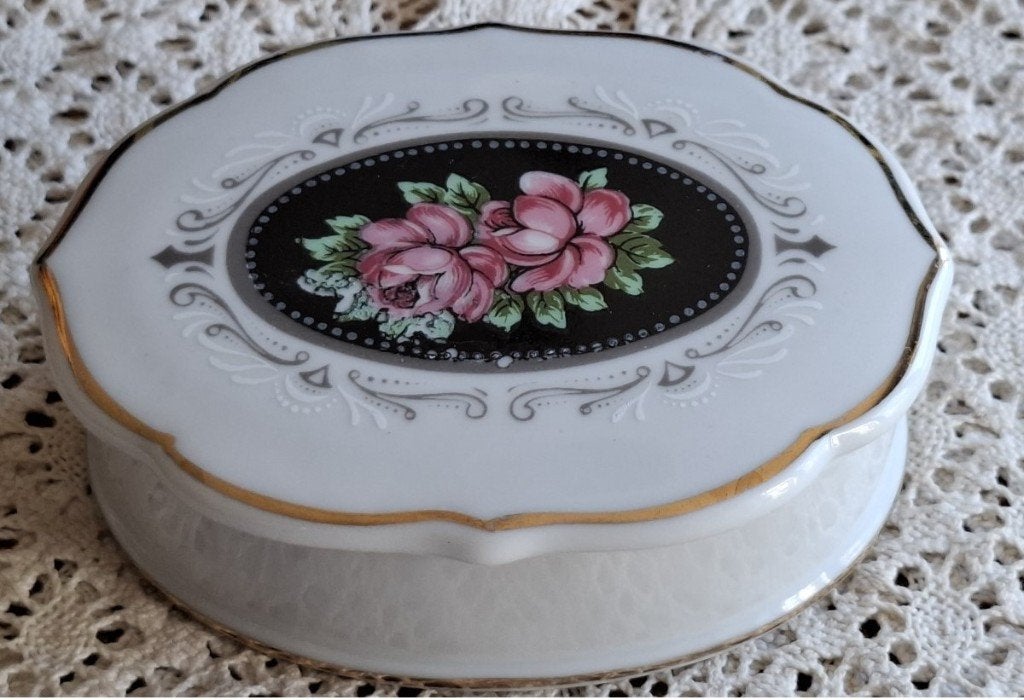 Vintage Frans porseleinen dekseldoosje met roze rozen, Antiek en Kunst, Curiosa en Brocante, Ophalen of Verzenden