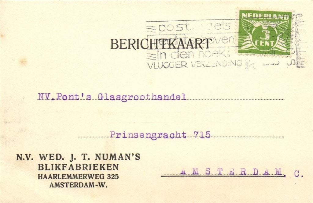 NV Wed. J.T. Numan Blikfabrieken, Amsterdam-W. - 12.1935 - b, Ophalen of Verzenden, Briefkaart