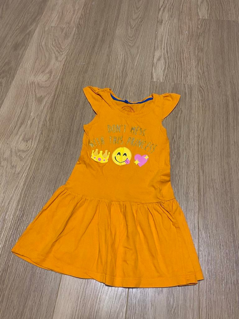Oranje jurkje maat 116 met 'Don't Mess With This Princess', Ophalen of Verzenden, Zo goed als nieuw, Meisje, Jurk of Rok