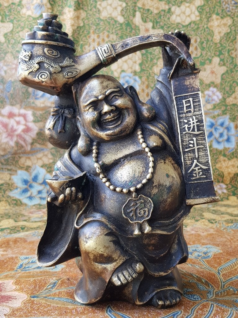Mooi zwaar antiek Chinees brons beeld van Boeddha 22,3 cm., Ophalen of Verzenden, China, Handgemaakt, Brons