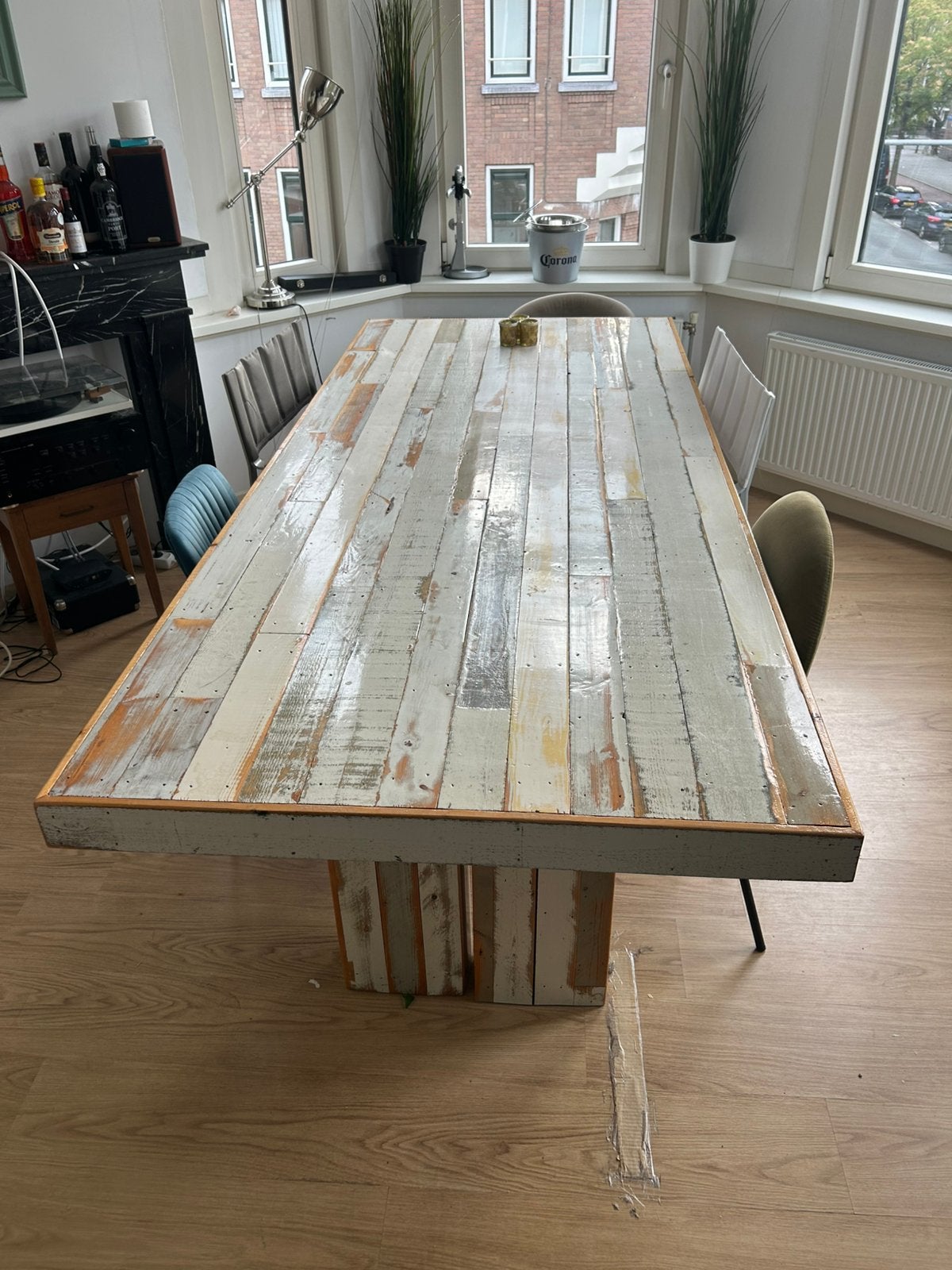 Eettafel sloophout in Piet Hein Eek stijl, Ophalen, 100 tot 150 cm, 200 cm of meer, Vijf personen of meer