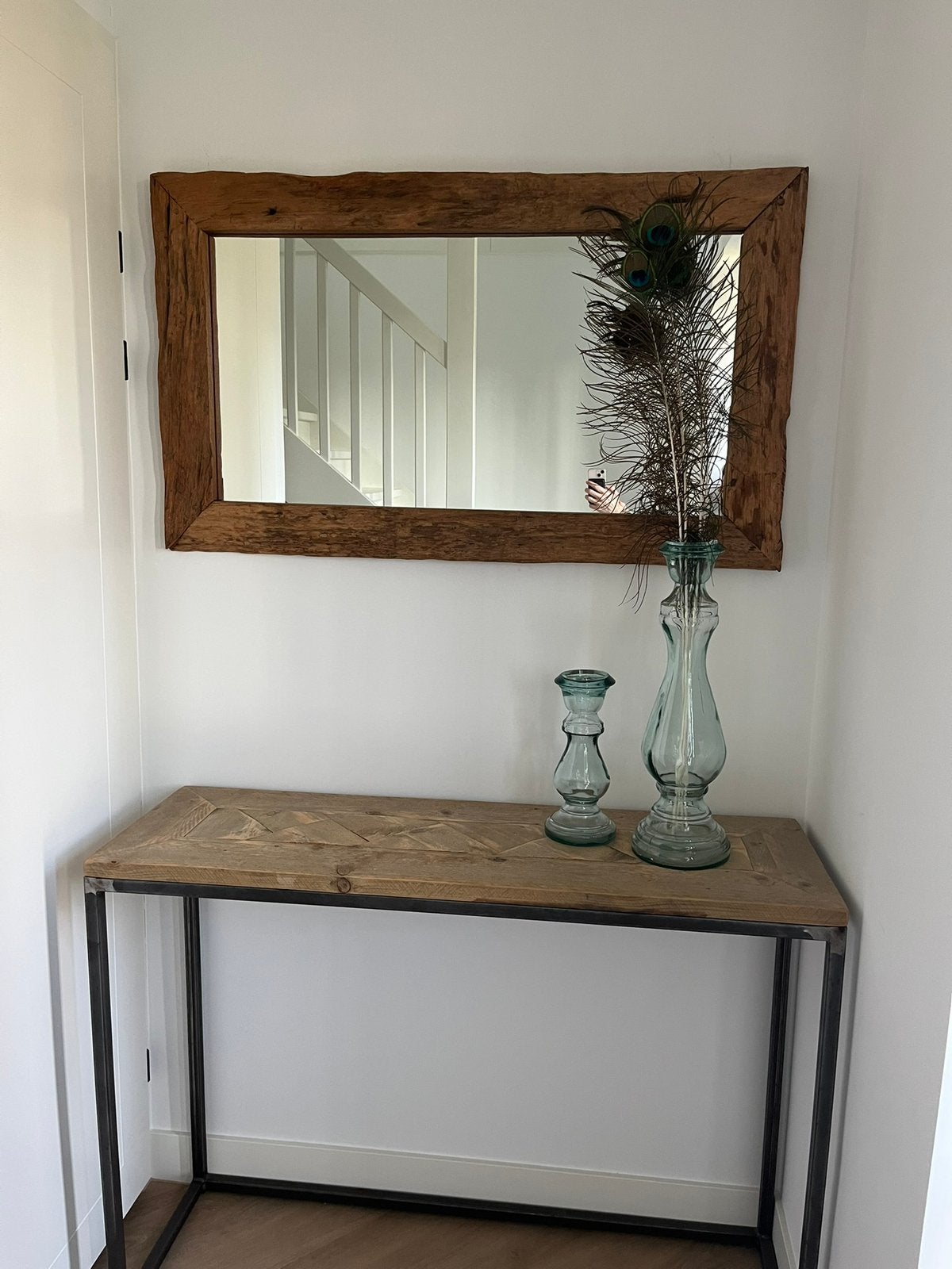 Sidetable met houten blad en stalen frame, Ophalen, Gebruikt, 75 cm of meer, 60 cm of meer