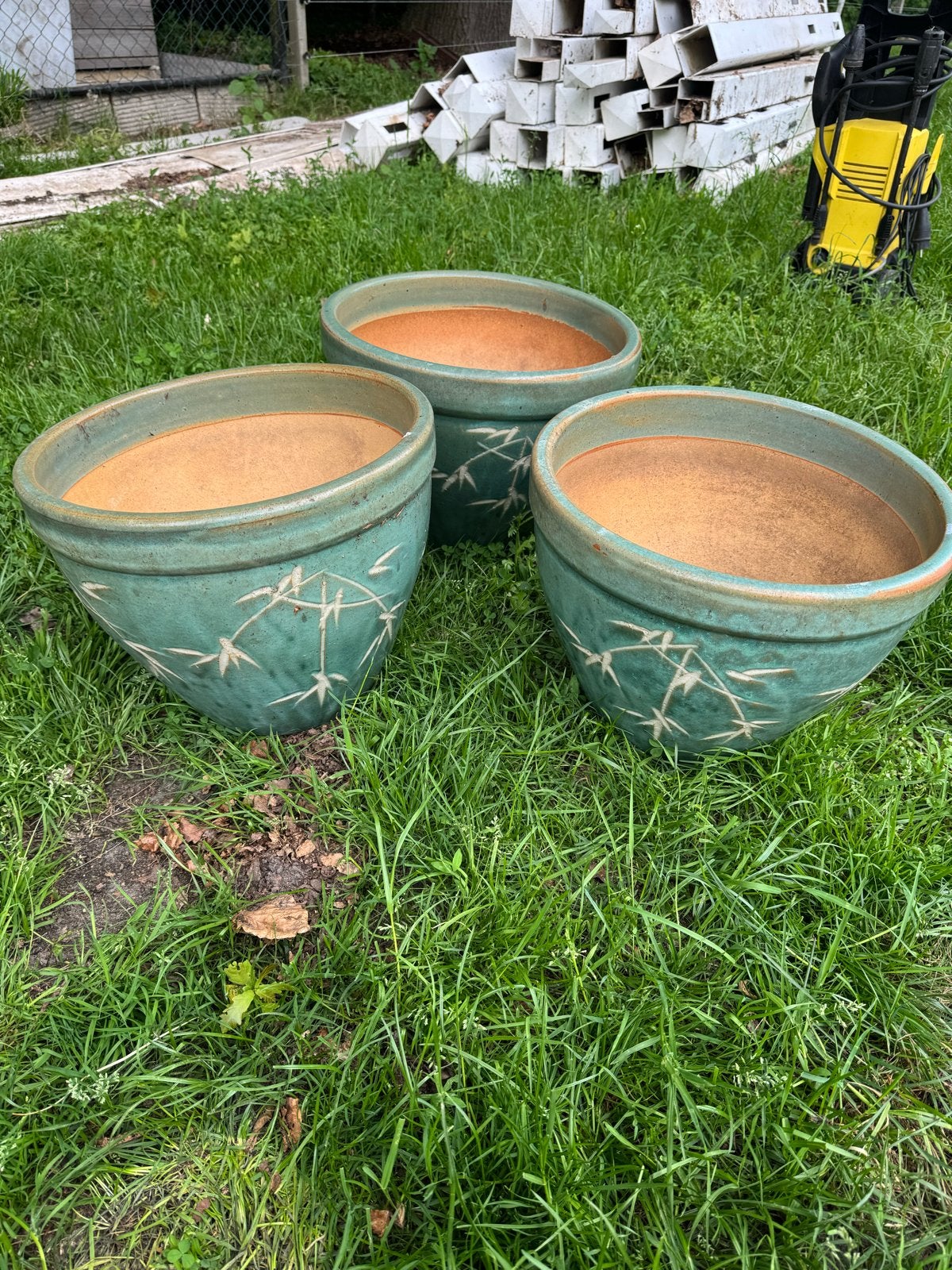 Set van 3 Groene Aardewerk Bloempotten, Tuin en Terras, Bloempotten, Gebruikt, Rond, Binnen, Minder dan 40 cm