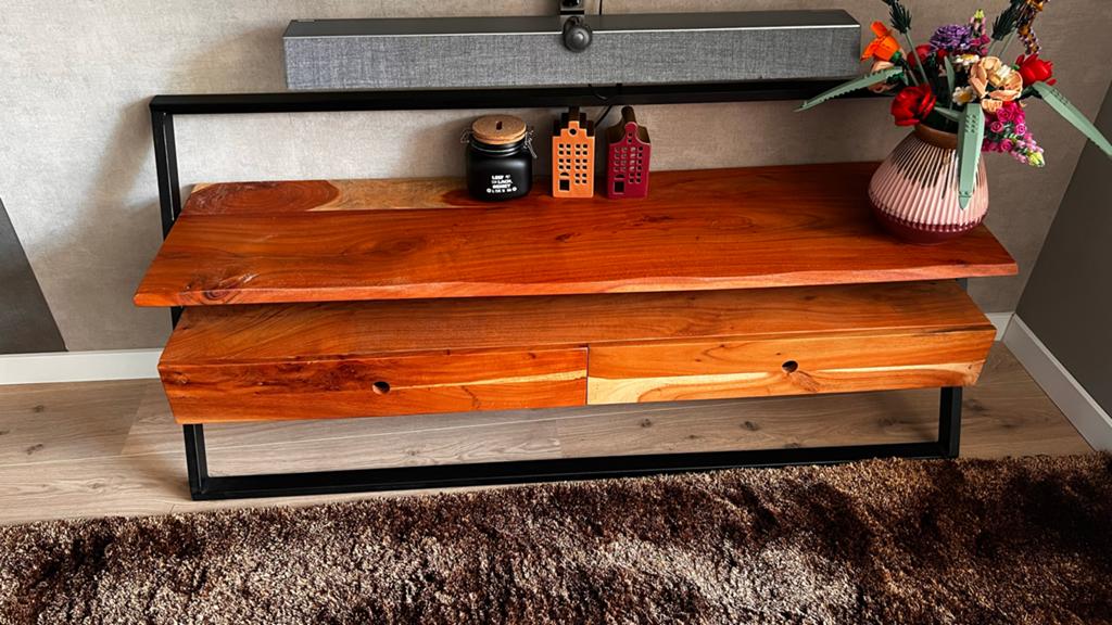 TV-meubel Tiny Acacia met 2 laden - Massief acacia naturel, Huis en Inrichting, Ophalen, 100 tot 150 cm, Zo goed als nieuw, Minder dan 100 cm