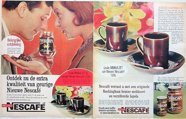 41 vintage advertenties reclames Nestle Nescafe koffie 52-99, Ophalen of Verzenden, Gebruikt, Reclamebord