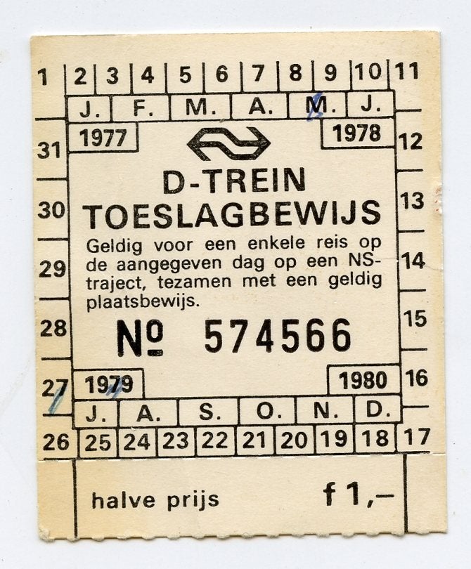 treinkaartje D-trein toeslagbewijs 1979, Verzenden, Trein, Overige typen