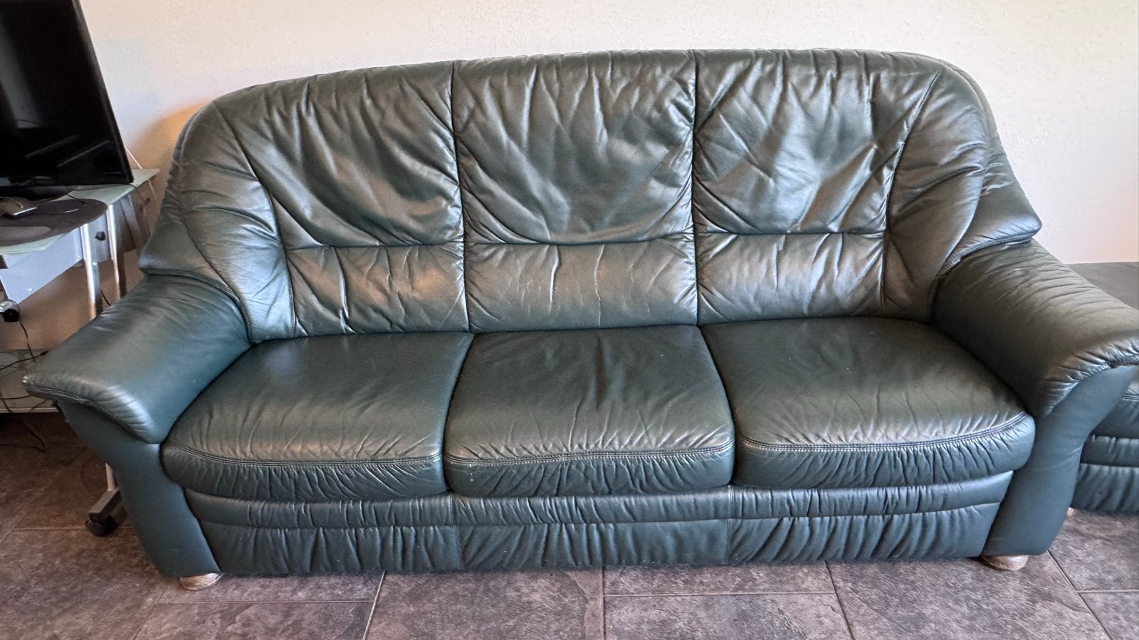 Lederen 3-zits bank, 2-zits bank, fauteuil en poef, Ophalen, Gebruikt, Leer