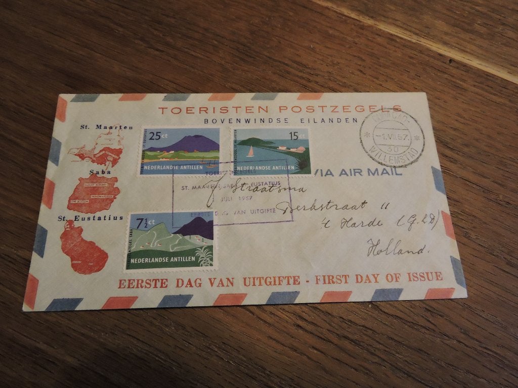 fdc nederlandse antillen  E  E2_3M – 1 juli 1957, Ophalen of Verzenden, Gestempeld