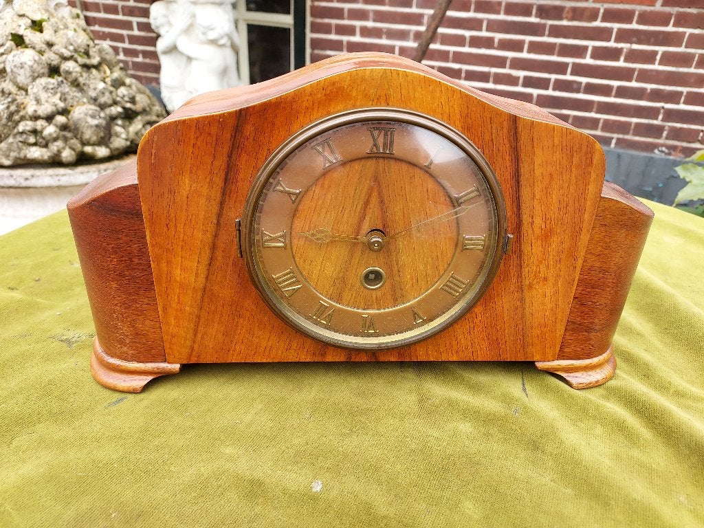Antieke schoorsteenpendule, mahonie kast., Verzenden