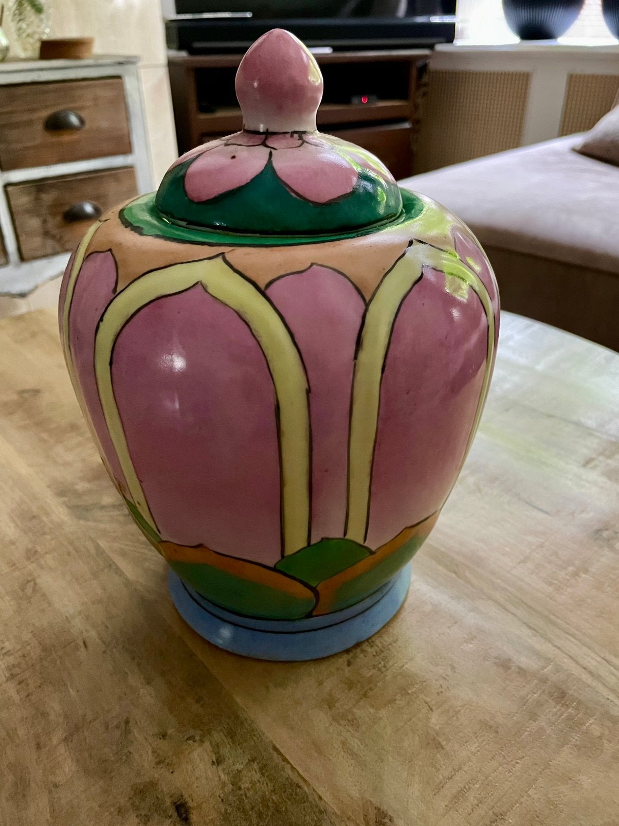 Kleurrijke vaas pot met deksel, 24 cm, Met deksel, Ophalen of Verzenden, Zo goed als nieuw