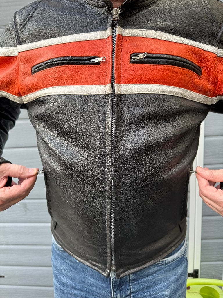 Leren motorjas maat L met oranje/witte strepen, Ophalen, Tweedehands, Heren, Jas | leer