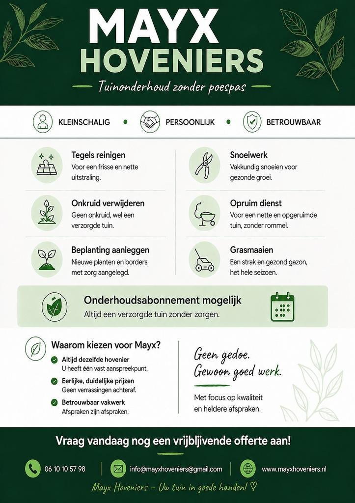 Mayx Hoveniers: Uw tuin het hele jaar verzorgd met vakmansch, Ophalen of Verzenden, Nieuw