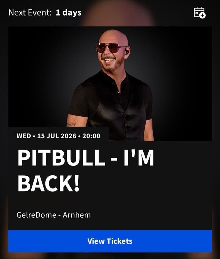 pitbull tickey gelreDome concert, Tickets en Kaartjes, Eén persoon, Juli