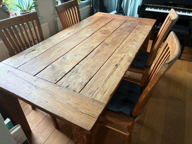 Design robuste teakhouten  tafel, Huis en Inrichting, Tafels | Eettafels, Ophalen, Gebruikt, 150 tot 200 cm, Teakhout