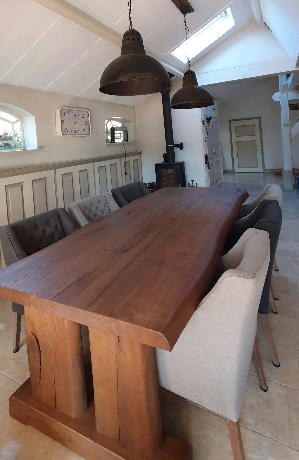 Rustieke eiken eettafel van Van Bommel (250x115cm), Ophalen, Gebruikt, 100 tot 150 cm, Rustiek eiken