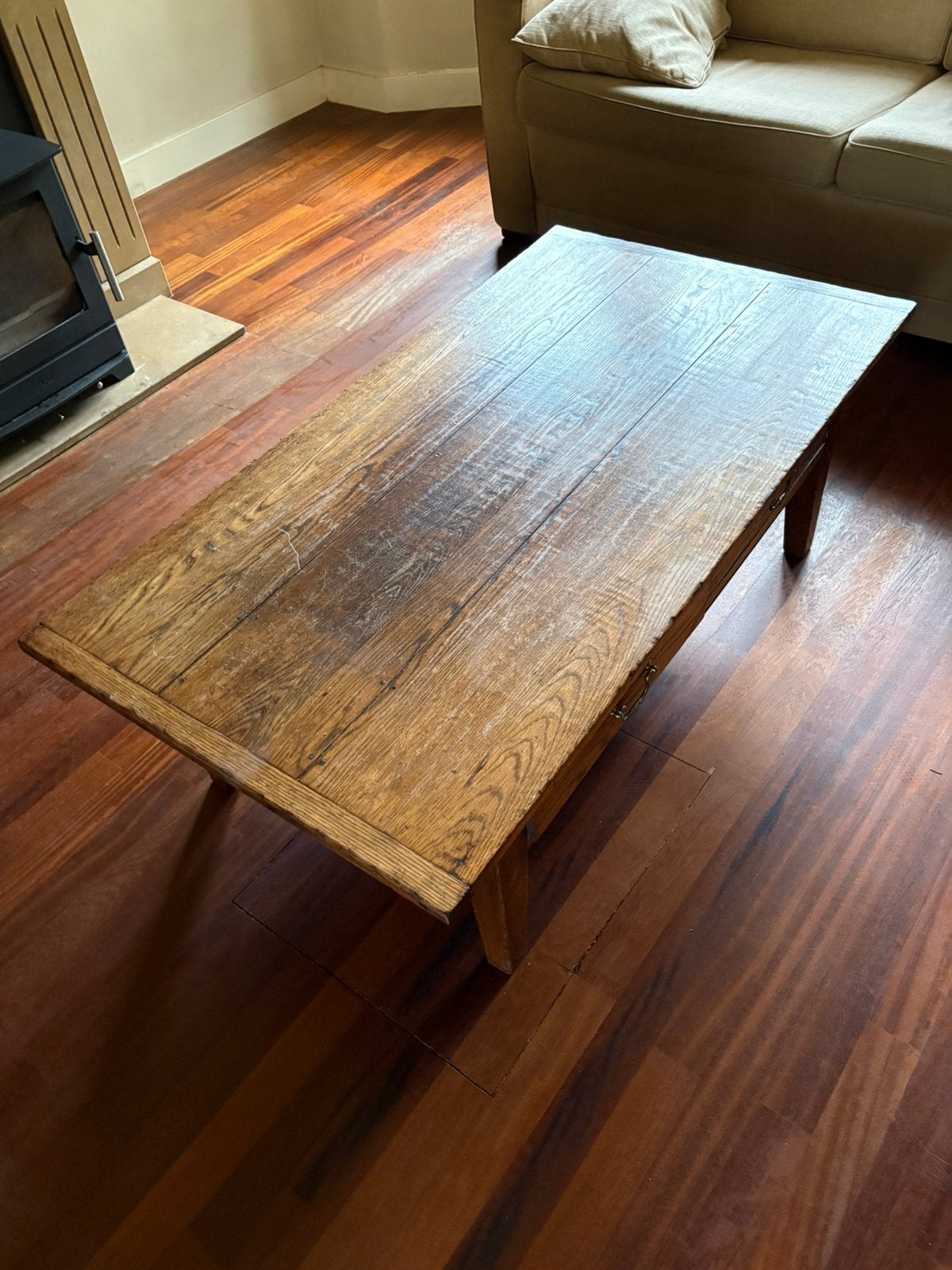 Eiken salontafel met 2 laadjes, Ophalen, Gebruikt, 100 tot 150 cm, Eikenhout