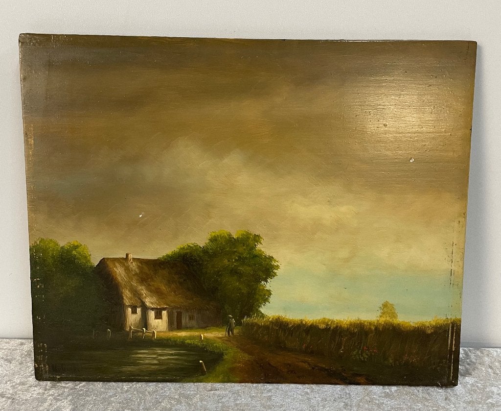 Schilderij Hollands Landschap H.van Ginkel, Oud hollands, Overige ondergronden, Ophalen of Verzenden, Landschap