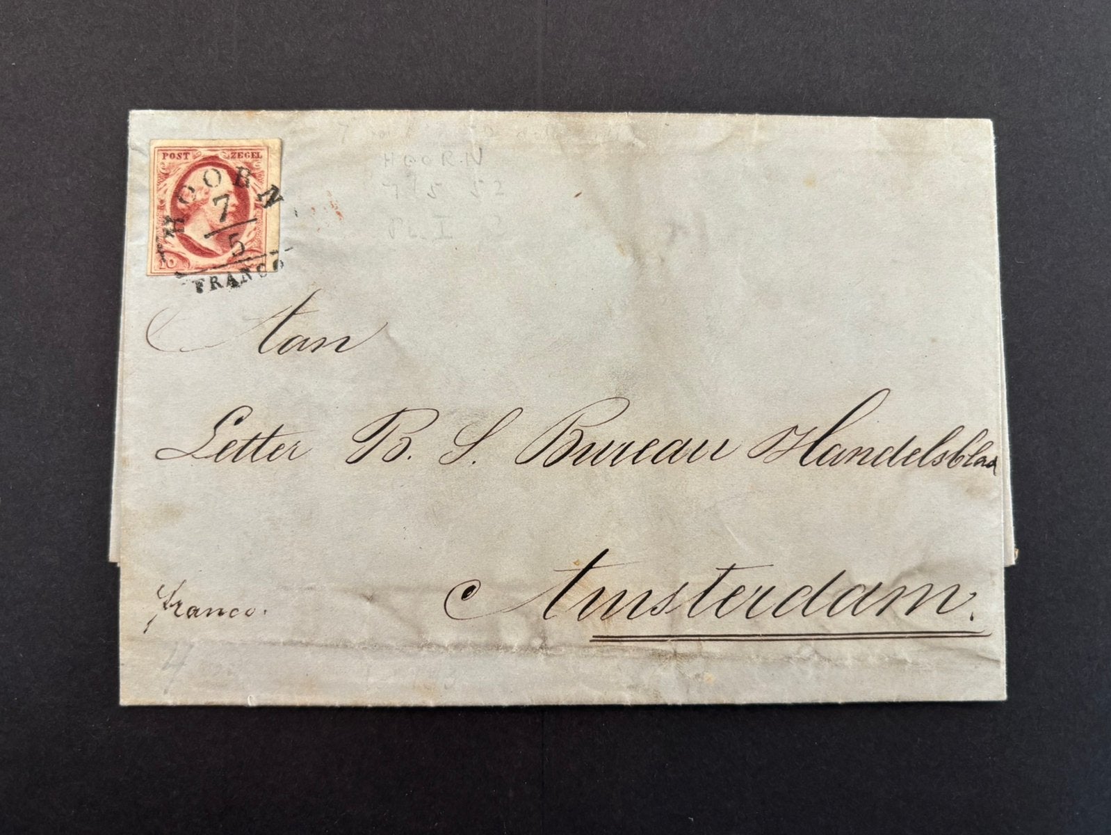 Hoorn 7-5-1852 halfrond A op 10 cent 2a complete brief., Ophalen of Verzenden