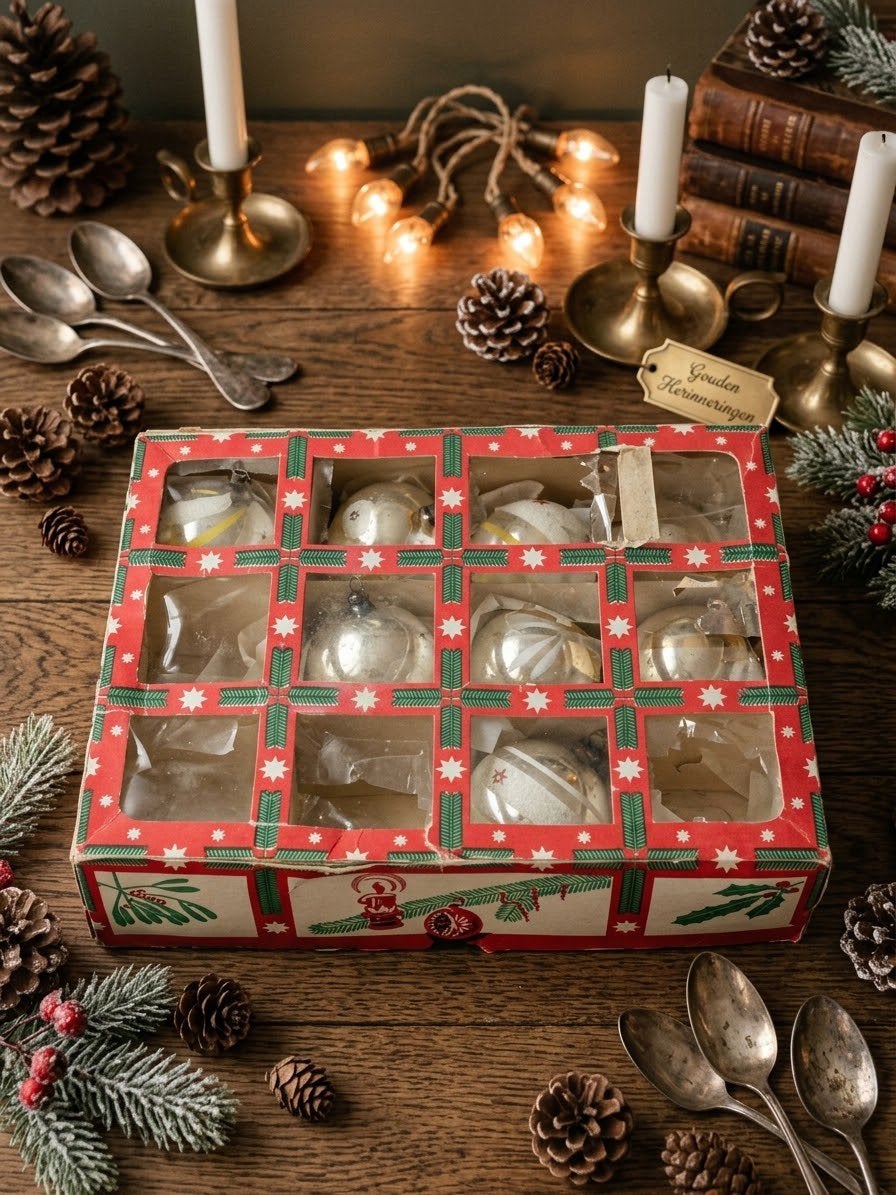Prachtige glazen kerstballen Zilver met 'gesuikerde' details, Ophalen, Gebruikt