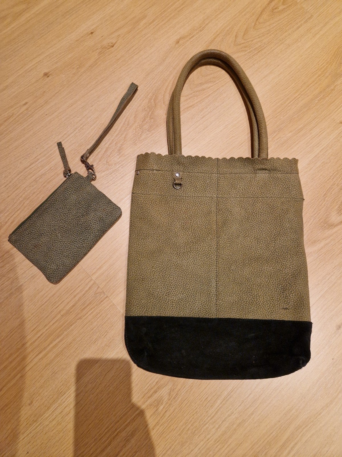 Leren damestas / shopper groen/zwart met toilettasje, Sieraden, Tassen en Uiterlijk, Ophalen of Verzenden, Zo goed als nieuw, Groen