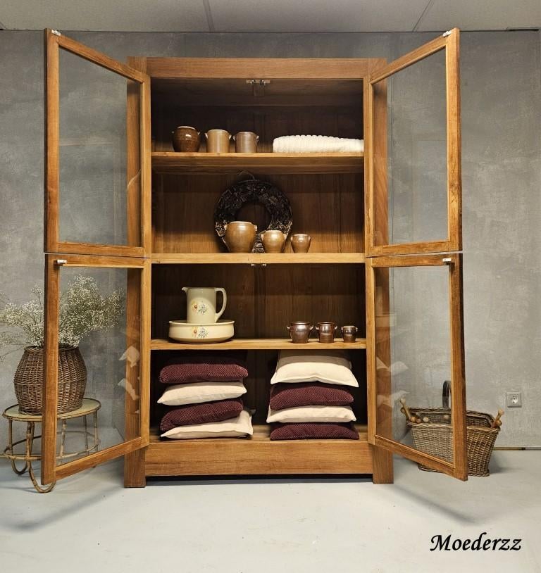Vitrinekast teak, Ophalen, Met plank(en), Glas, 50 tot 100 cm