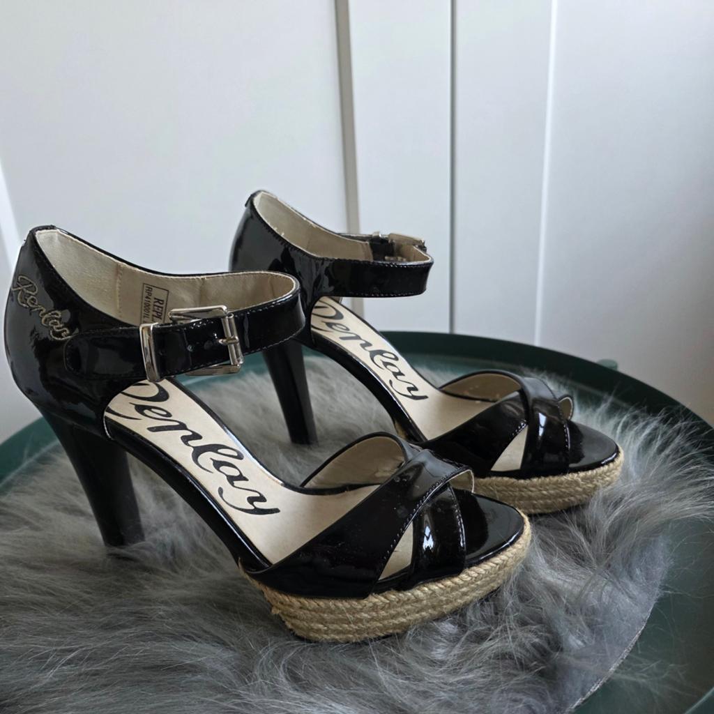 Replay Lak Sandalen met Hoge Hakken, Zwart, Replay, Gedragen, Sandalen of Muiltjes