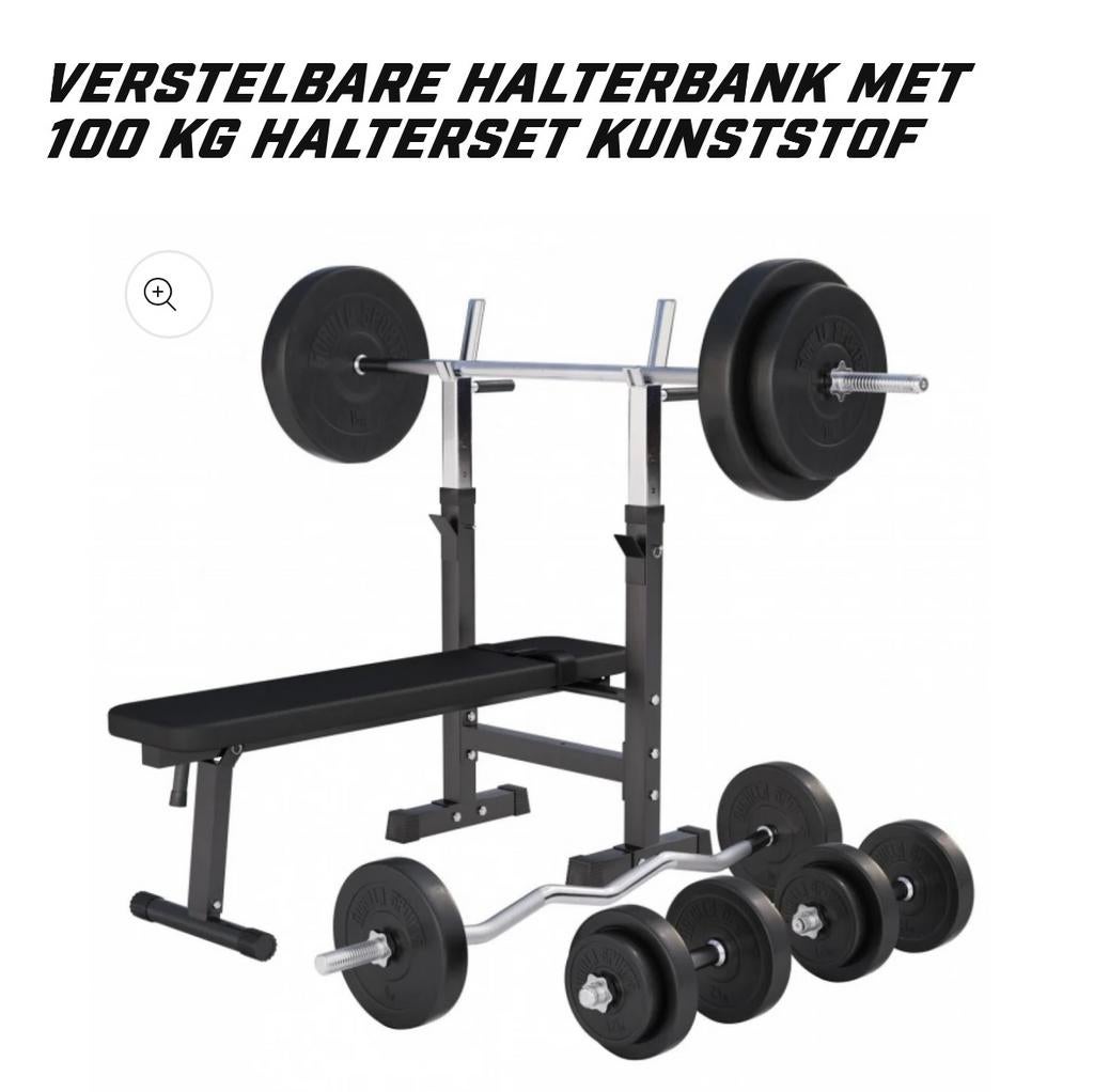 Verstelbare halterbank met 100 kg halterset kunststof, Sport en Fitness, Ophalen, Zo goed als nieuw, Armen, Fitnessbank