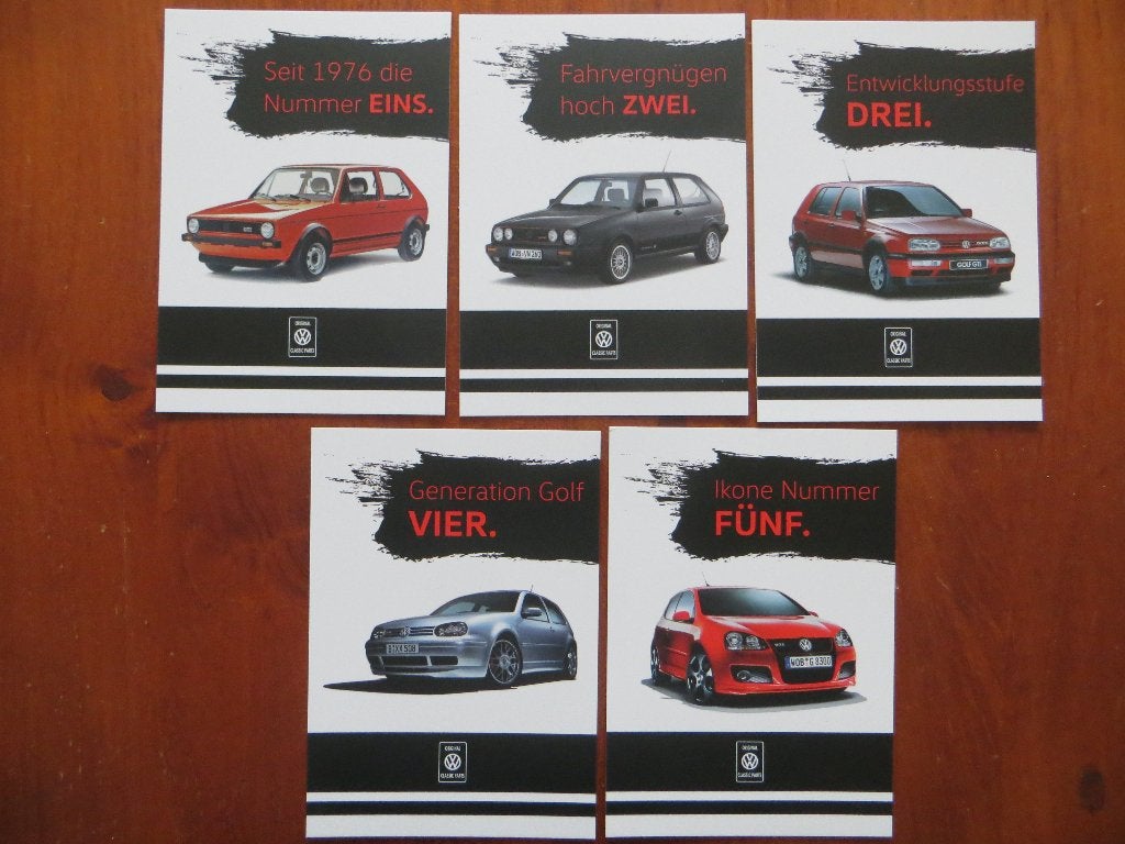 5 ansichtkaarten Volkswagen Golf 1 GTI t/m Golf 5 GTI, Ophalen of Verzenden, Nieuw, Volkswagen