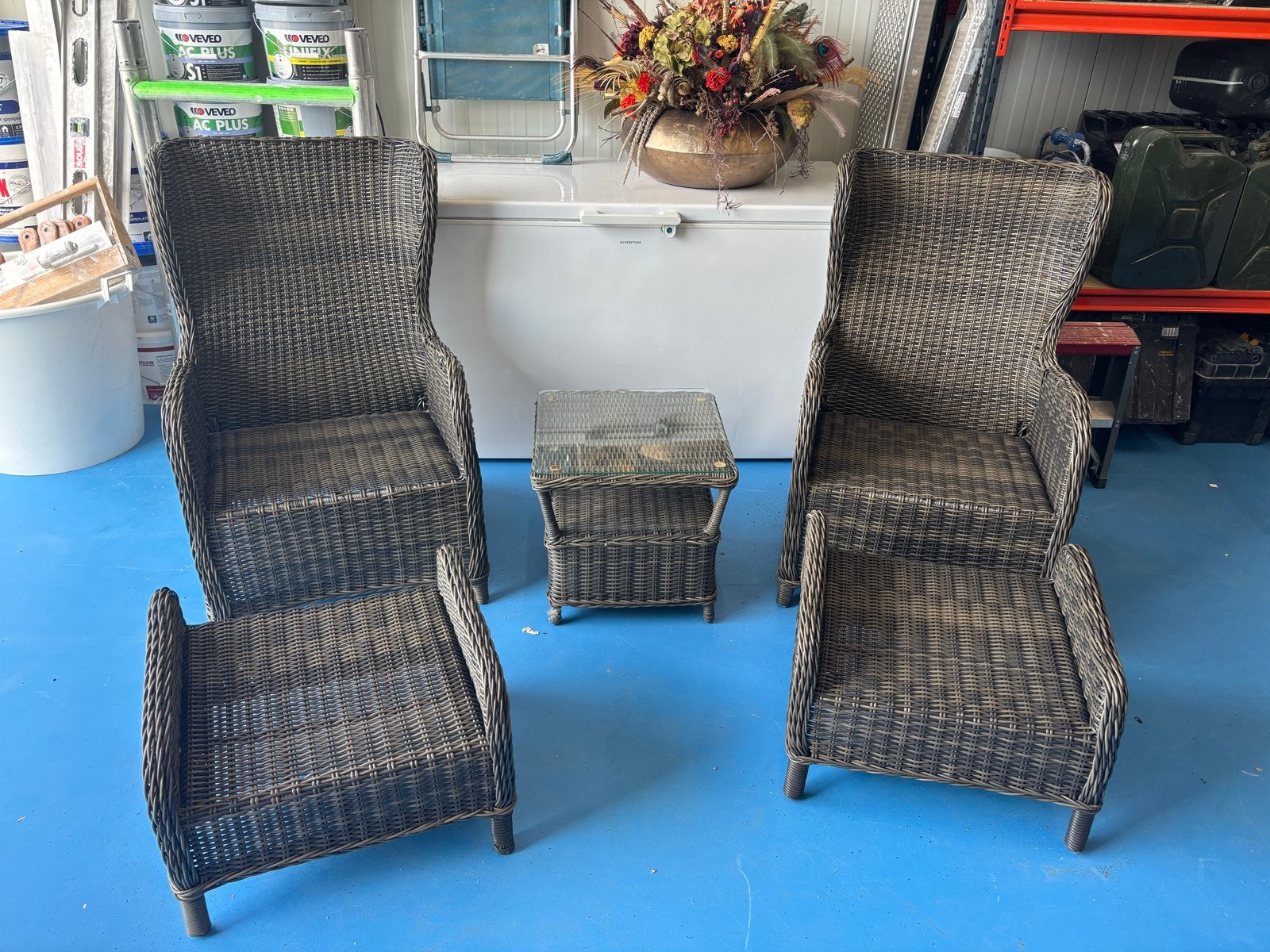 Wicker Loungeset met 2 Stoelen en Voetenbanken, Tuin en Terras, 2 zitplaatsen, Gebruikt, Ophalen of Verzenden, Loungeset
