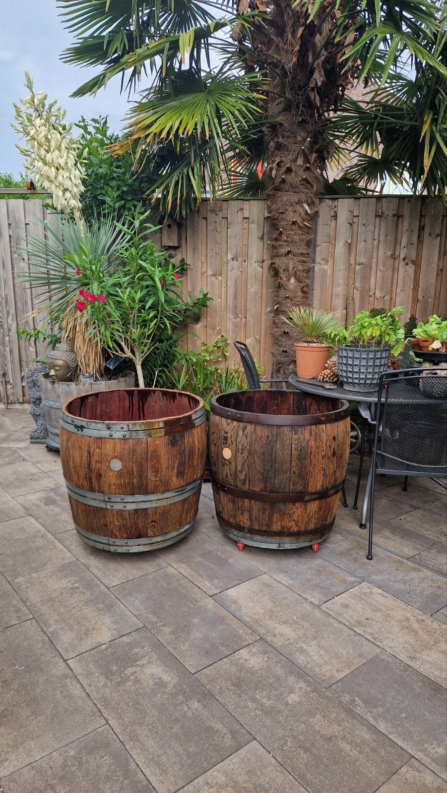 Wijnvat plantenbak  3/4 vat met  wielen beschikbaar, Tuin en Terras, Bloembakken en Plantenbakken, Ophalen, Rond, Nieuw, 60 tot 100 cm