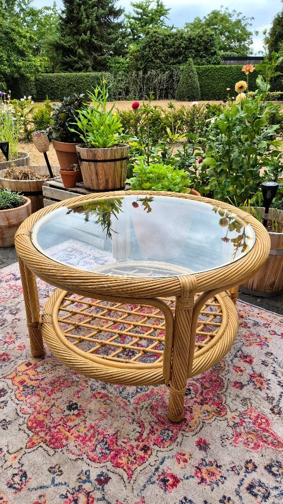Vintage ronde rotan salontafel met glasplaat, Ophalen, Gebruikt, 50 tot 100 cm, Rond