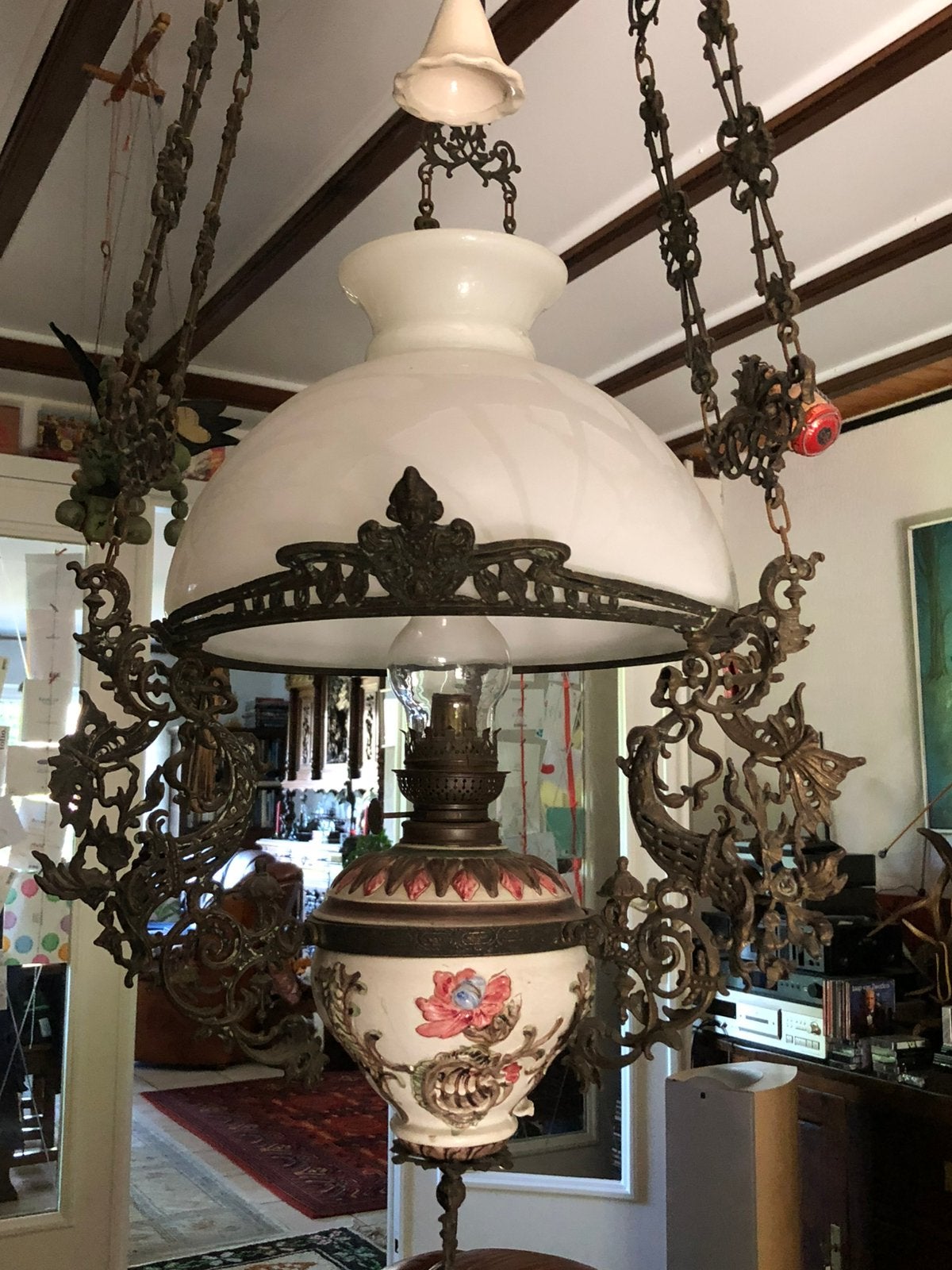 Mooie antieke olielamp met roetvanger, Antiek en Kunst, Ophalen