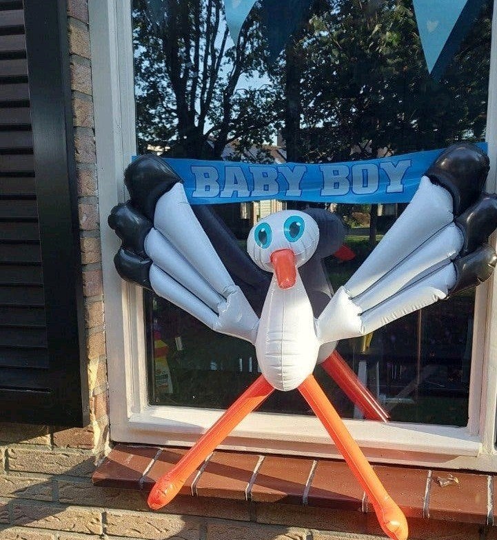 Opblaas ooievaar geboorte 'Baby Boy' - Raamdecoratie, Kinderen en Baby's, Ophalen of Verzenden, Gebruikt, Geboortebord