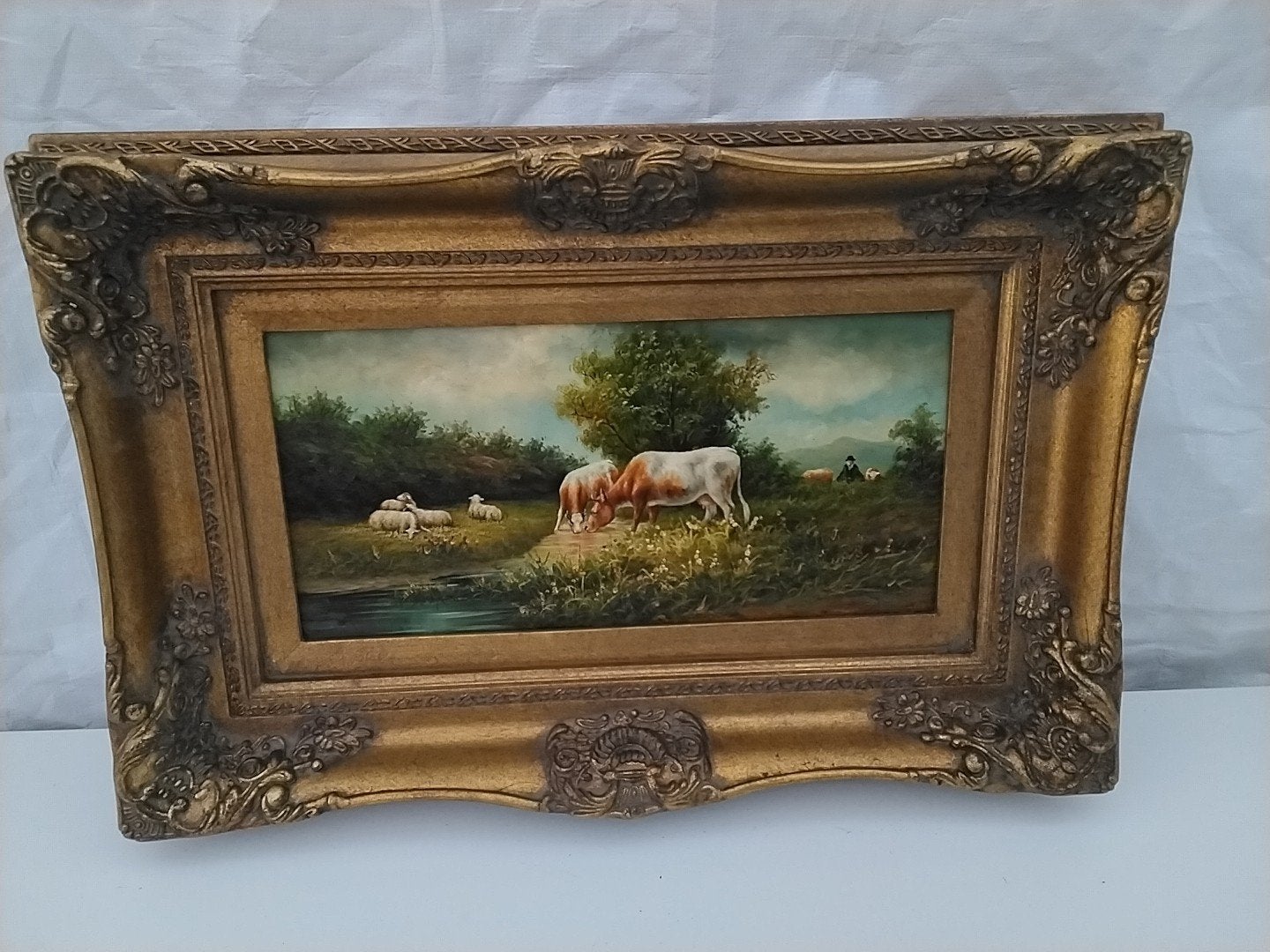 Klassiek schilderij met koeien en schapen, 60x40 cm, Doek, Dieren, Ophalen of Verzenden, Olieverf