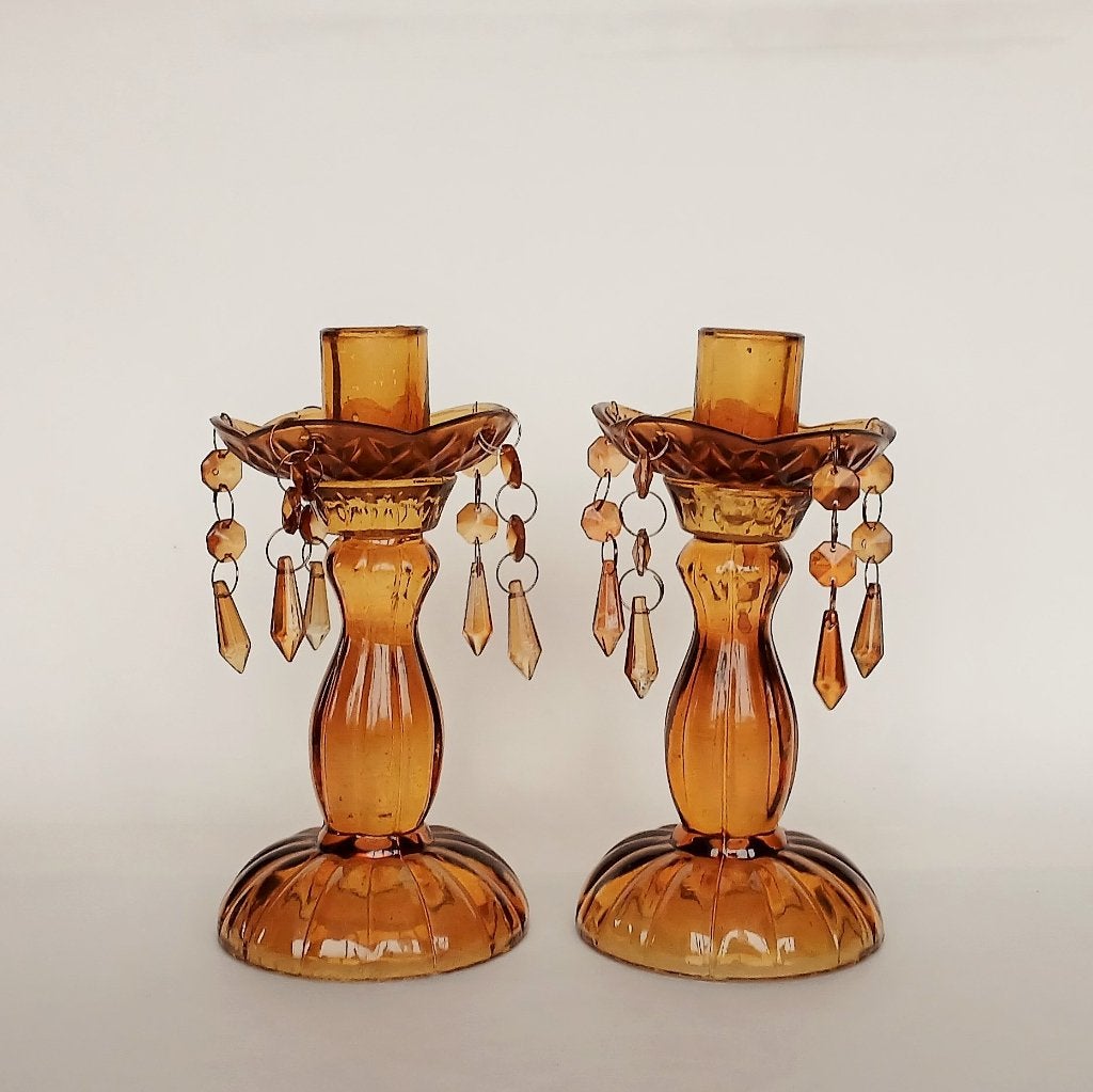 Stel Kandelaars Persglas Brocante, Antiek en Kunst, Ophalen of Verzenden, Glas