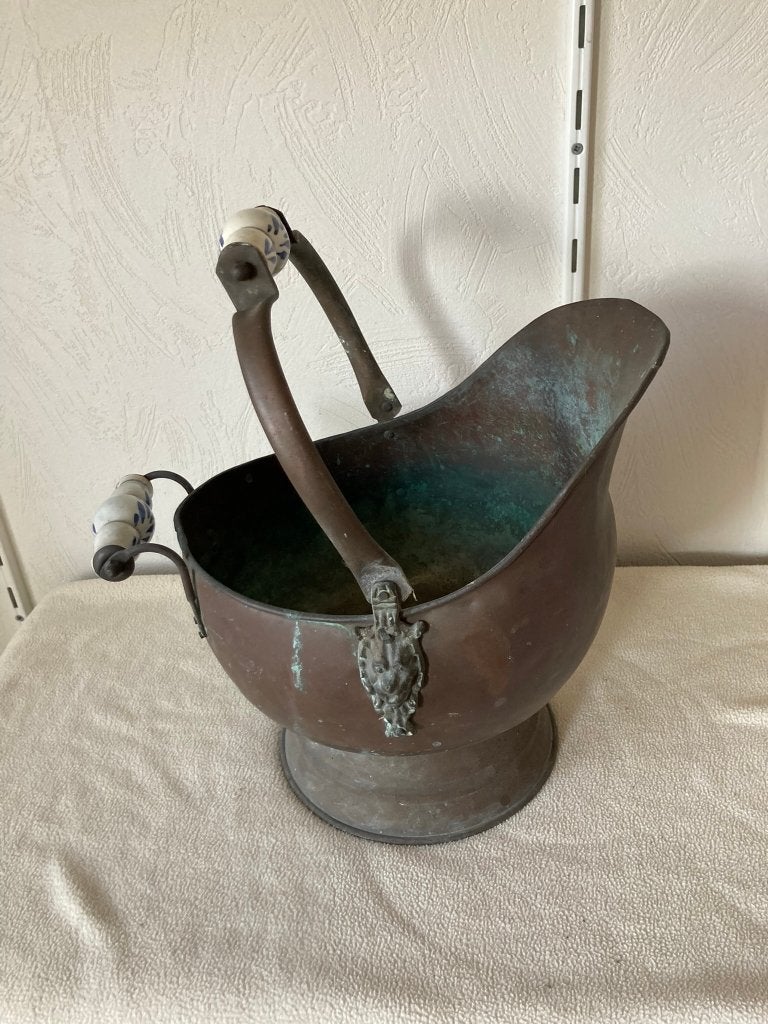 Vintage Koperen plantenbak met Delfts blauwe handvatten, Ophalen of Verzenden, Koper
