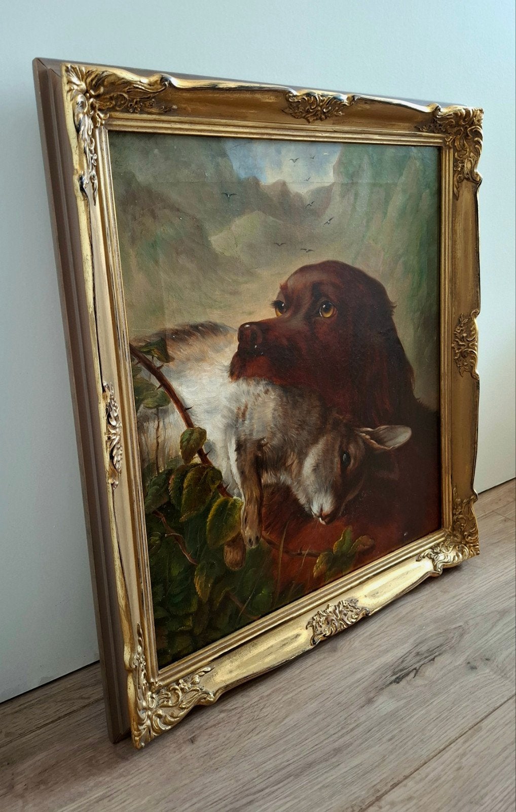 Antiek schilderij olieverf jachthond met haas 47x42, Antiek en Kunst, Kunst | Schilderijen | Klassiek, Doek, Origineel werk, Dieren