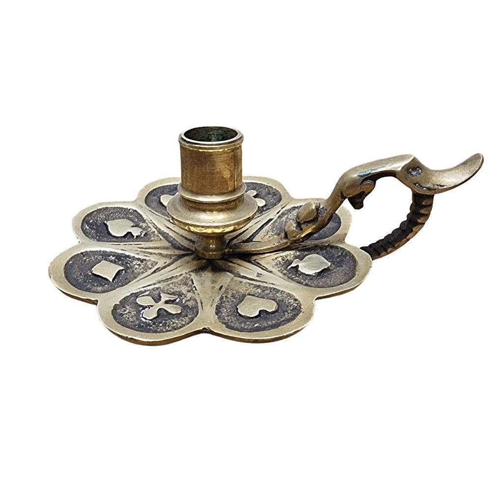 Antieke Franse bronzen handkandelaar met speelkaartsymbolen, Ophalen of Verzenden, Koper of Brons