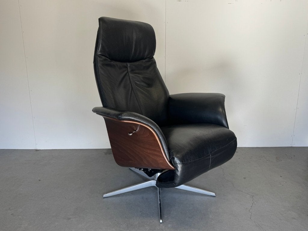 Hjort Knudsen 5007 relaxfauteuil zwart leder, Huis en Inrichting, Hout, Scandinavisch design, Gebruikt, Verzenden