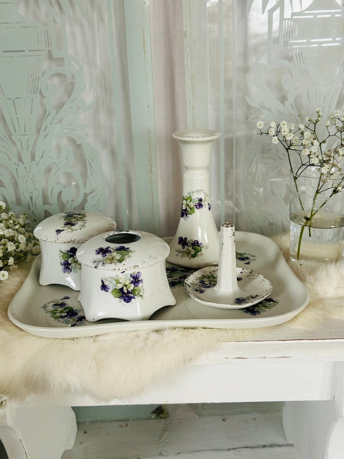 Limoges antiek kaptafel set met viooltjes, Antiek en Kunst, Ophalen