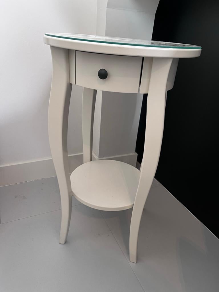 Rond bijzettafeltje met lade en glazen blad, Ophalen, Minder dan 55 cm, Rond, Zo goed als nieuw
