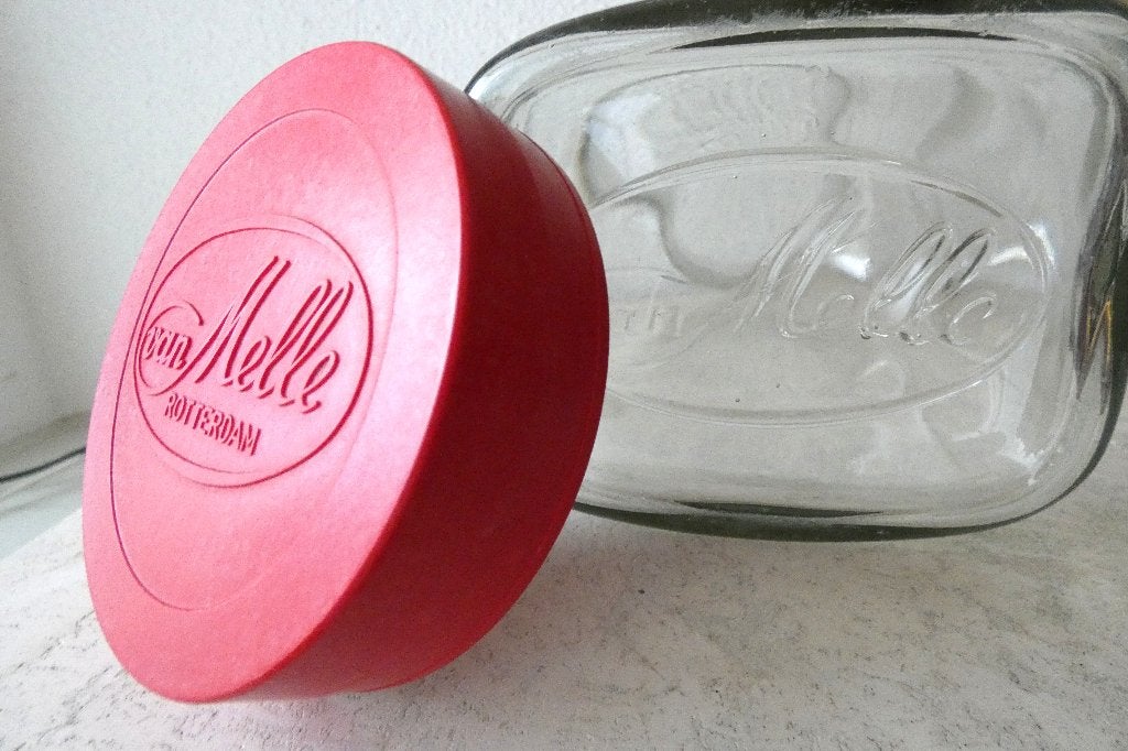 Van Melle grote snoeppot glas bakeliet deksel rood pot fles, Antiek en Kunst, Ophalen of Verzenden
