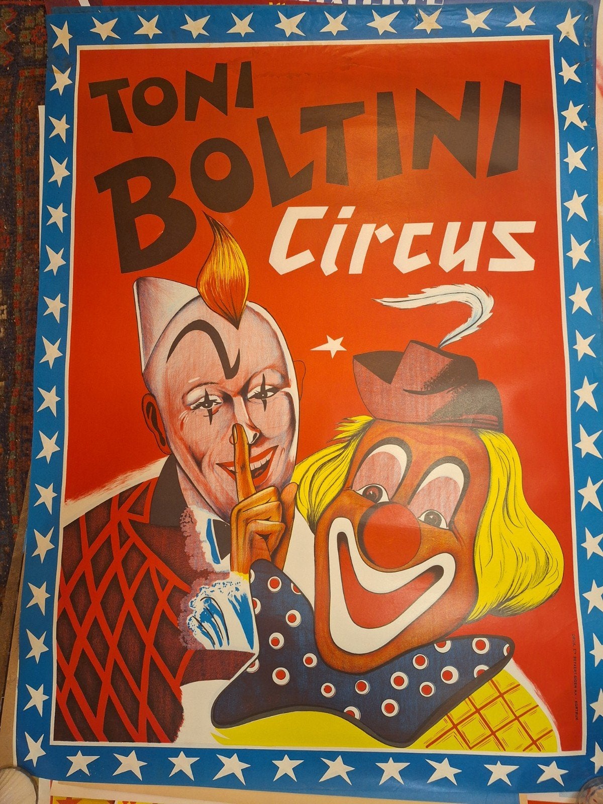 Vintage Circus Toni Boltini Poster - Kleurrijk en Uniek, Deurposter of groter, Ophalen of Verzenden, Overige onderwerpen, Rechthoekig Staand