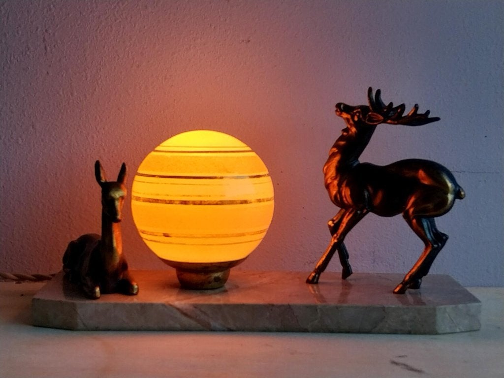 Art Deco hertenlamp zamak marmer roze glazen bol, Ophalen of Verzenden