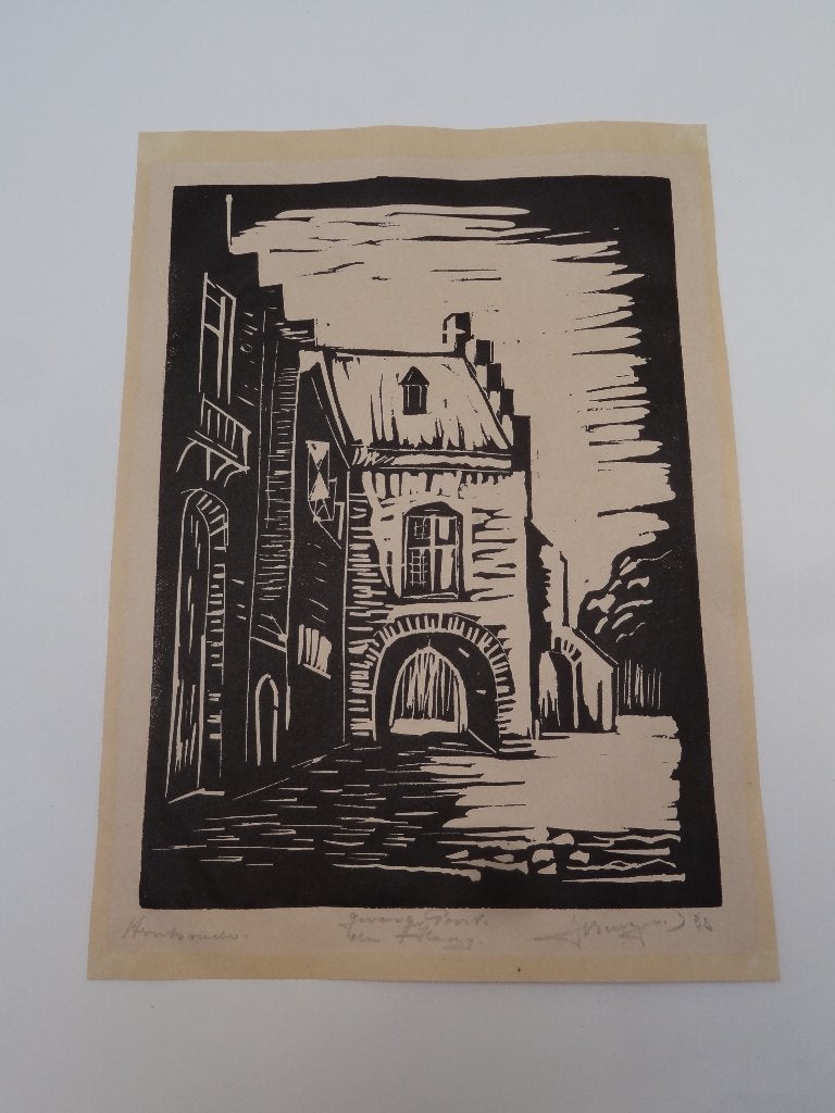 houtsnede Gevangenpoort Den Haag, J. Burger, 1933, Antiek en Kunst, Architectuur, Ophalen of Verzenden, 1900 - 1949, Houtsnede