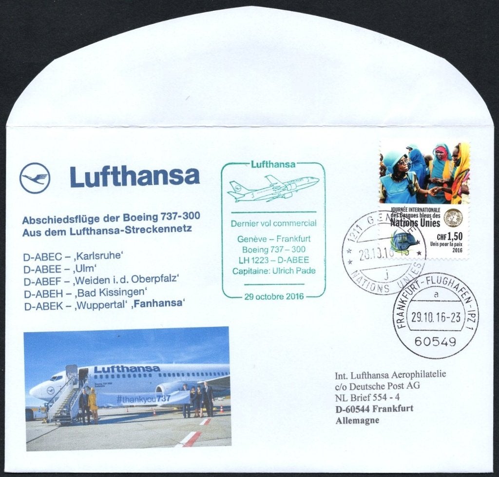 LH last flight Boeing 737-300 D_ABEE Genève - Frankfurt 2016, Verzenden, Envelop