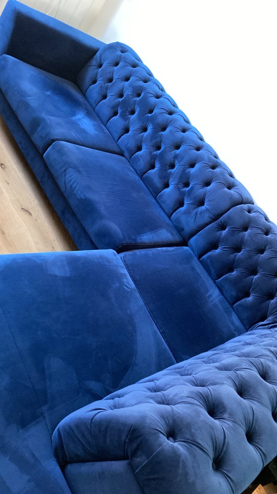 Henders & Hazel Chesterfield Hoekbank - Blauw Stof, Ophalen, 250 tot 300 cm, Hoekbank, Zo goed als nieuw