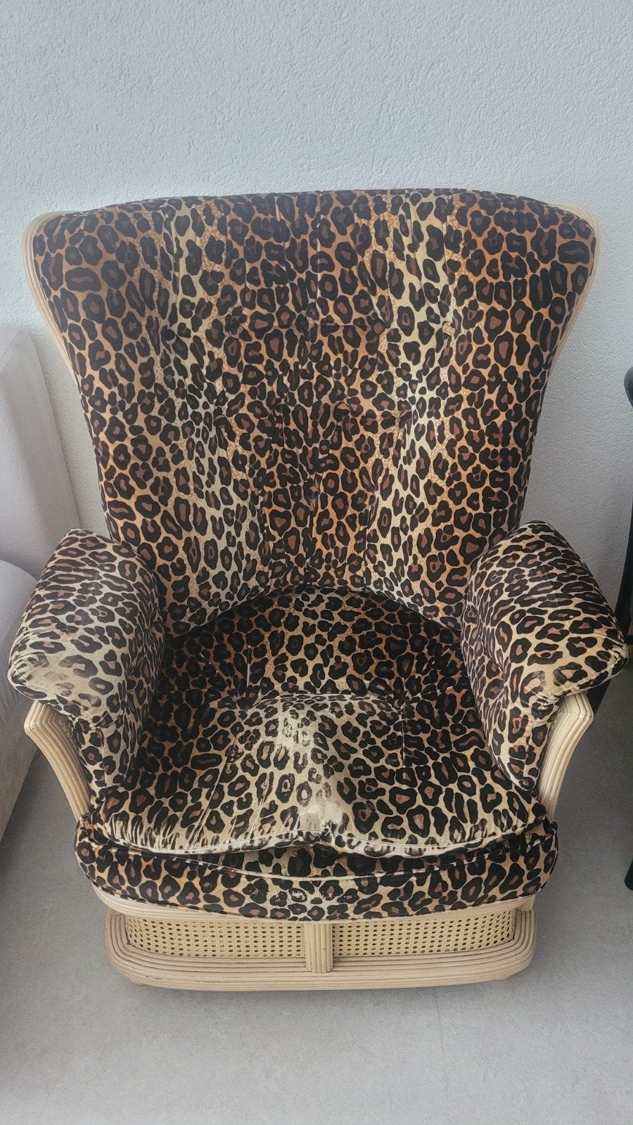 Rotan fauteuil met luipaardprint kussen, Ophalen, Vintage, Bohemian, Eclectisch, Gebruikt, 75 tot 100 cm