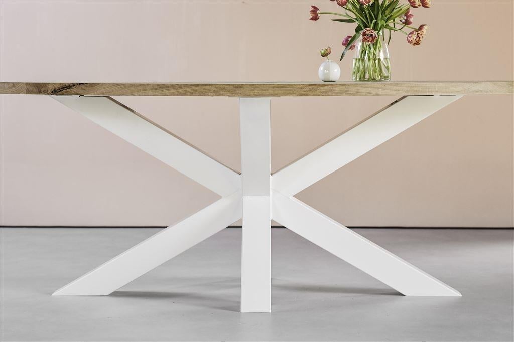 eettafel eiken bladen boomstam ovaal rond, 100 tot 150 cm, Ophalen of Verzenden, Metaal, Ovaal