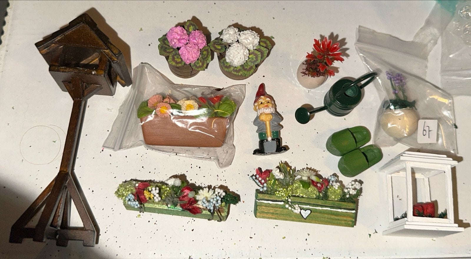 1:12 nieuw Miniatuur set: vogelhuisje, bloembakken, kabouter, Ophalen, Nieuw, Poppenhuis